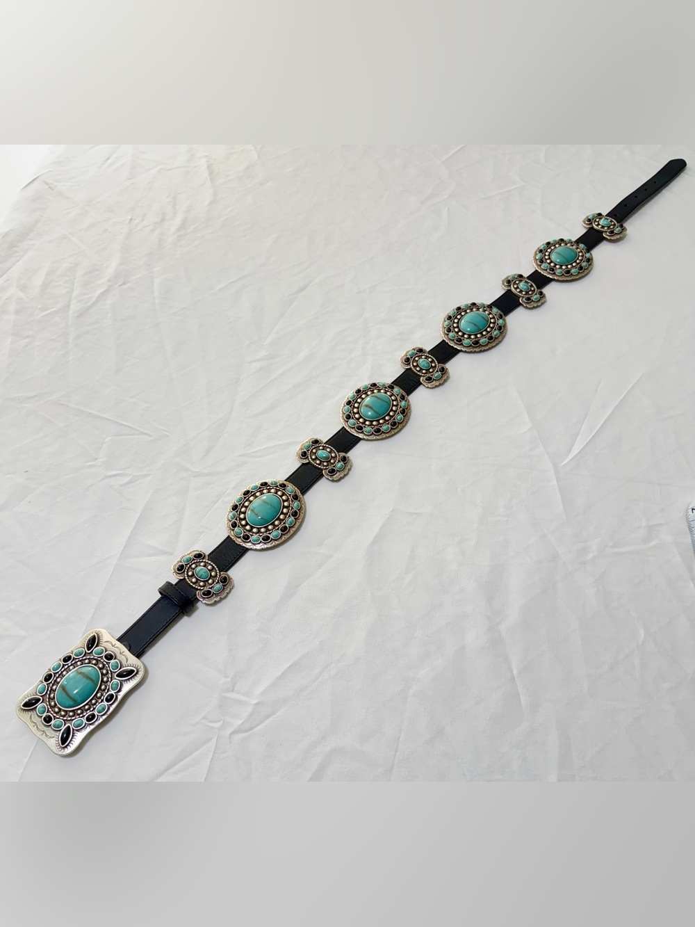 SSM Black Genuine Leather Faux Turquoise Concho Belt WesternBohoFestivalCabochon
